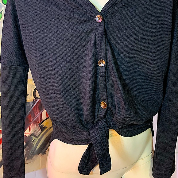 Black Button Down High Low Top - Picture 3 of 7